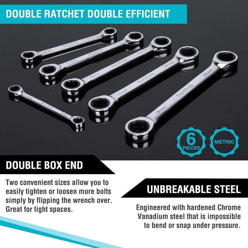 DURATECH Double Box End Ratcheting Wrench Set, Metric, 6-Piece, 8-19mm, CR-V Steel, with Rolling Pouch - Image 3